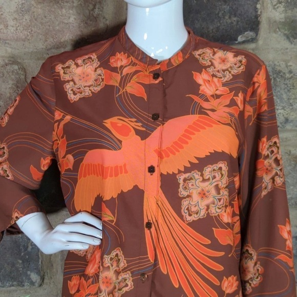 Sag Harbor Oriental Phoenix Print Blouse Orange Brown Turquoise Woman's Small - Picture 3 of 12